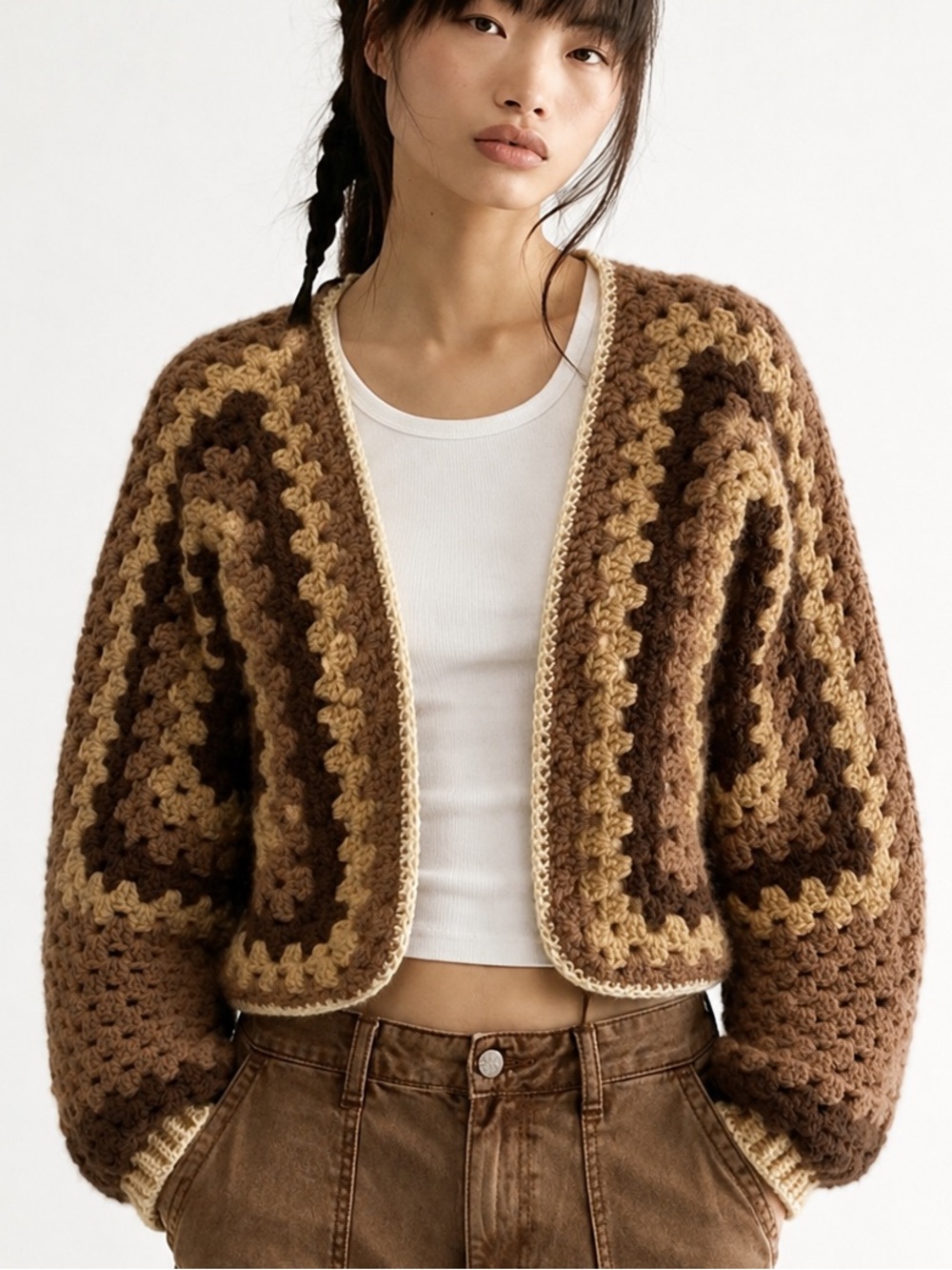 Granny Square Handmade Chunky Crochet Knit Cropped Open Cardigan Sweater Brown